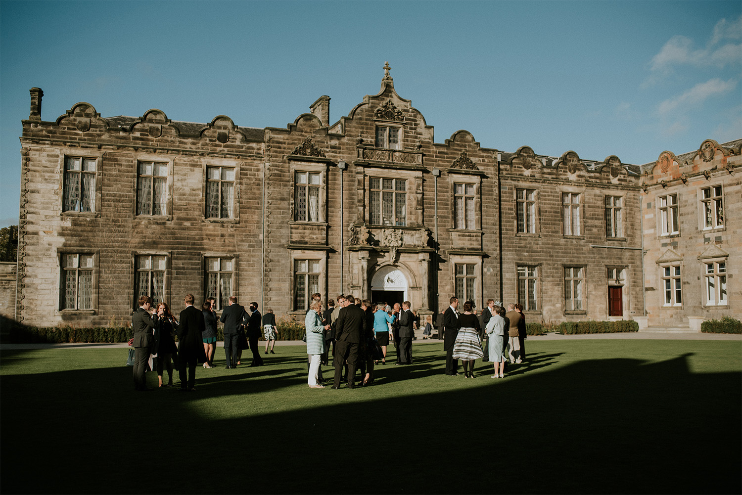 Guests mingling outside the Lower College Halls in St Andrews.