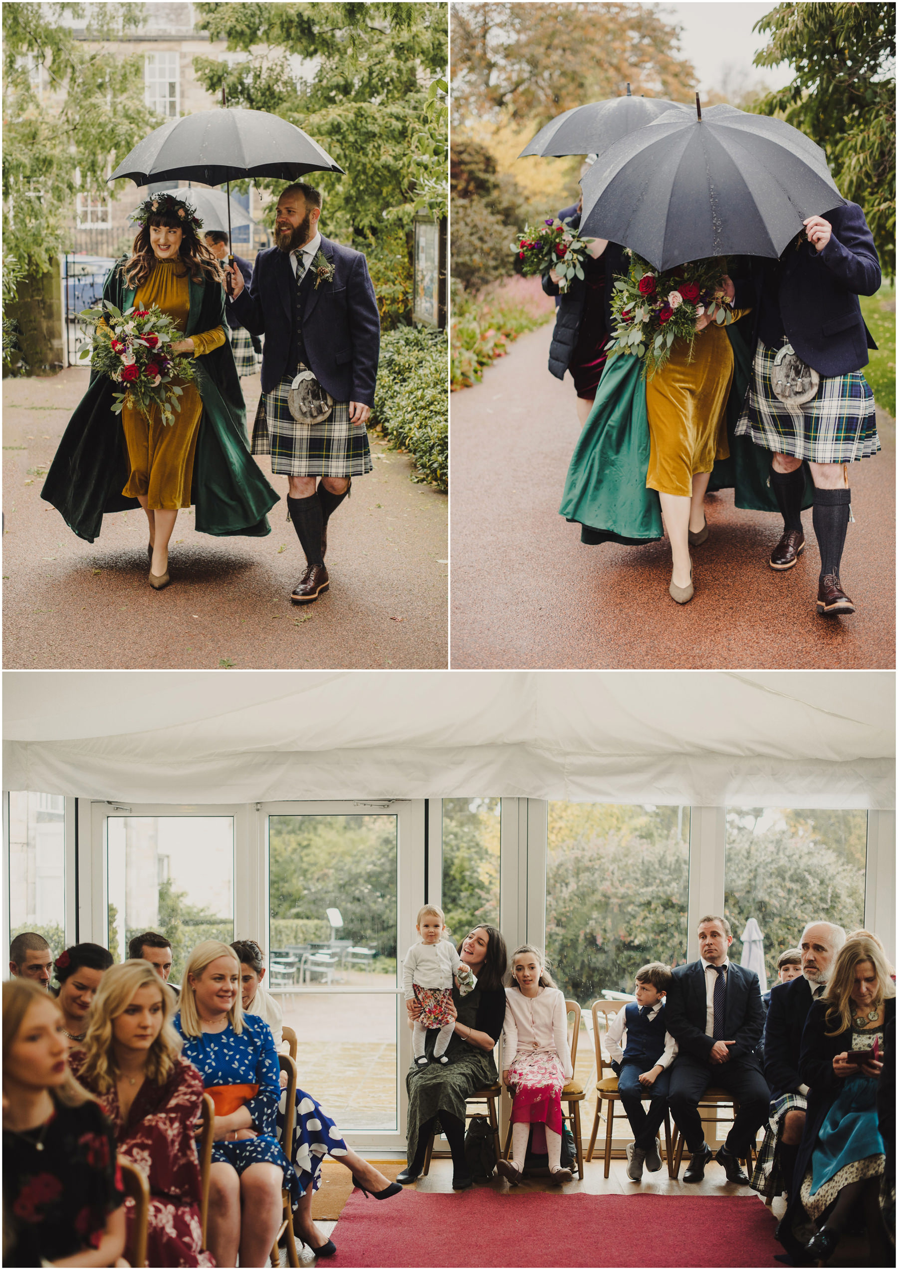 Rainy wedding day at the Botanics in Edinburgh.
