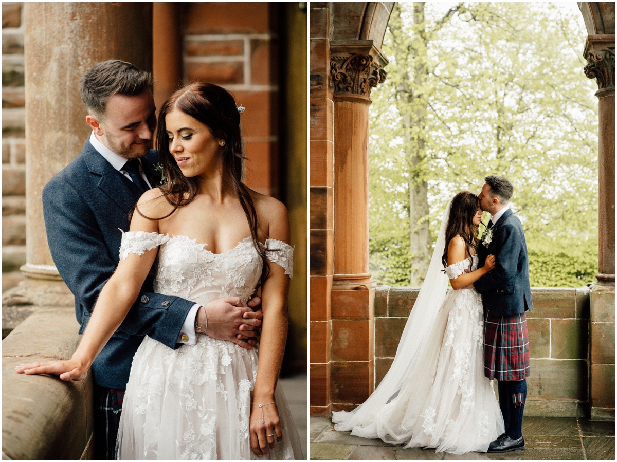 Bride and groom posing for natural and relaxed wedding photos at Boclair House.