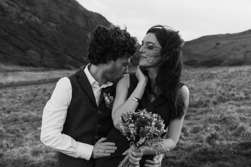 Rachel and Hub's windy portrait in Edinburgh.