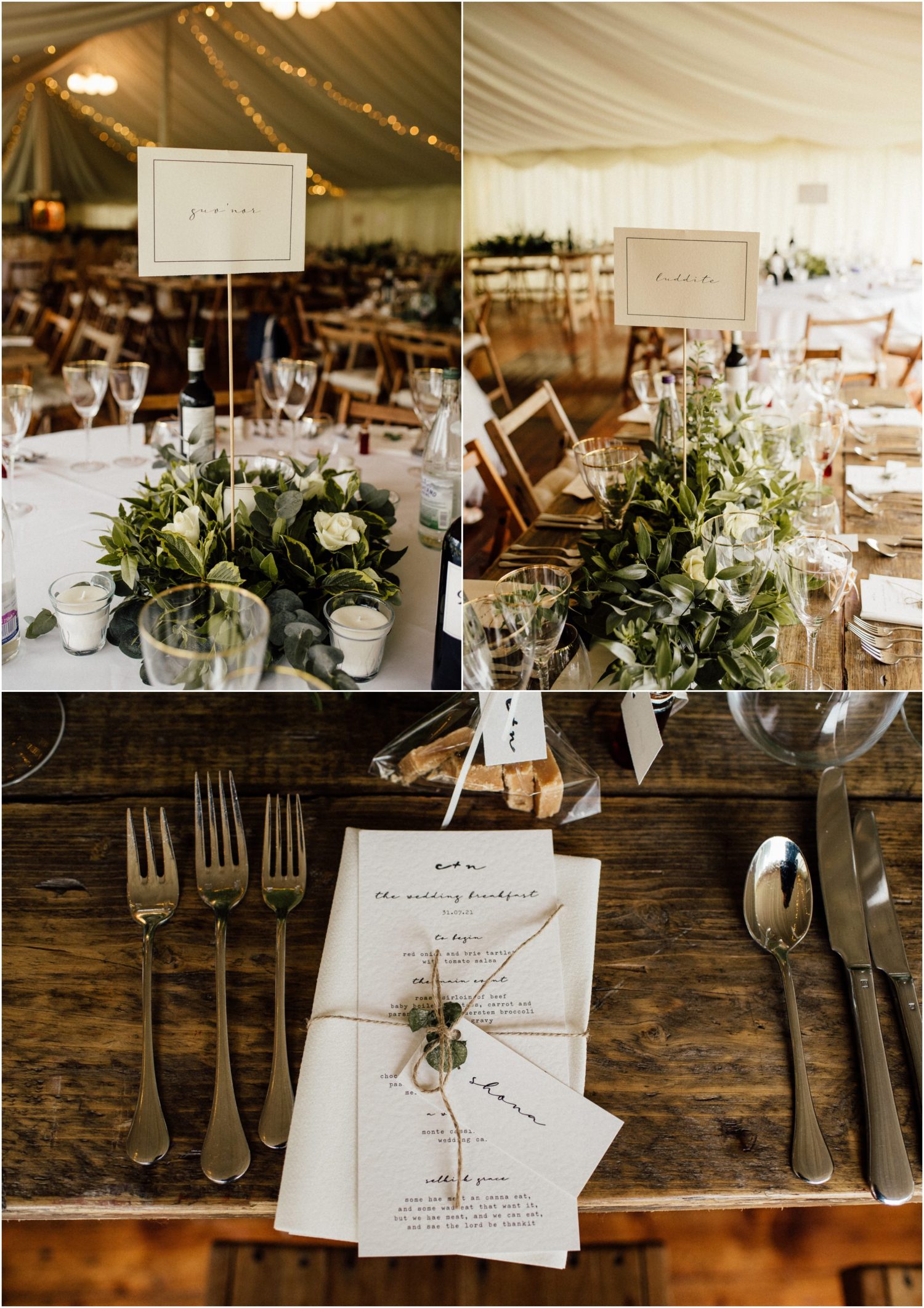 A marquee decorated with rustic tables at a wedding in the Harmony House. 
