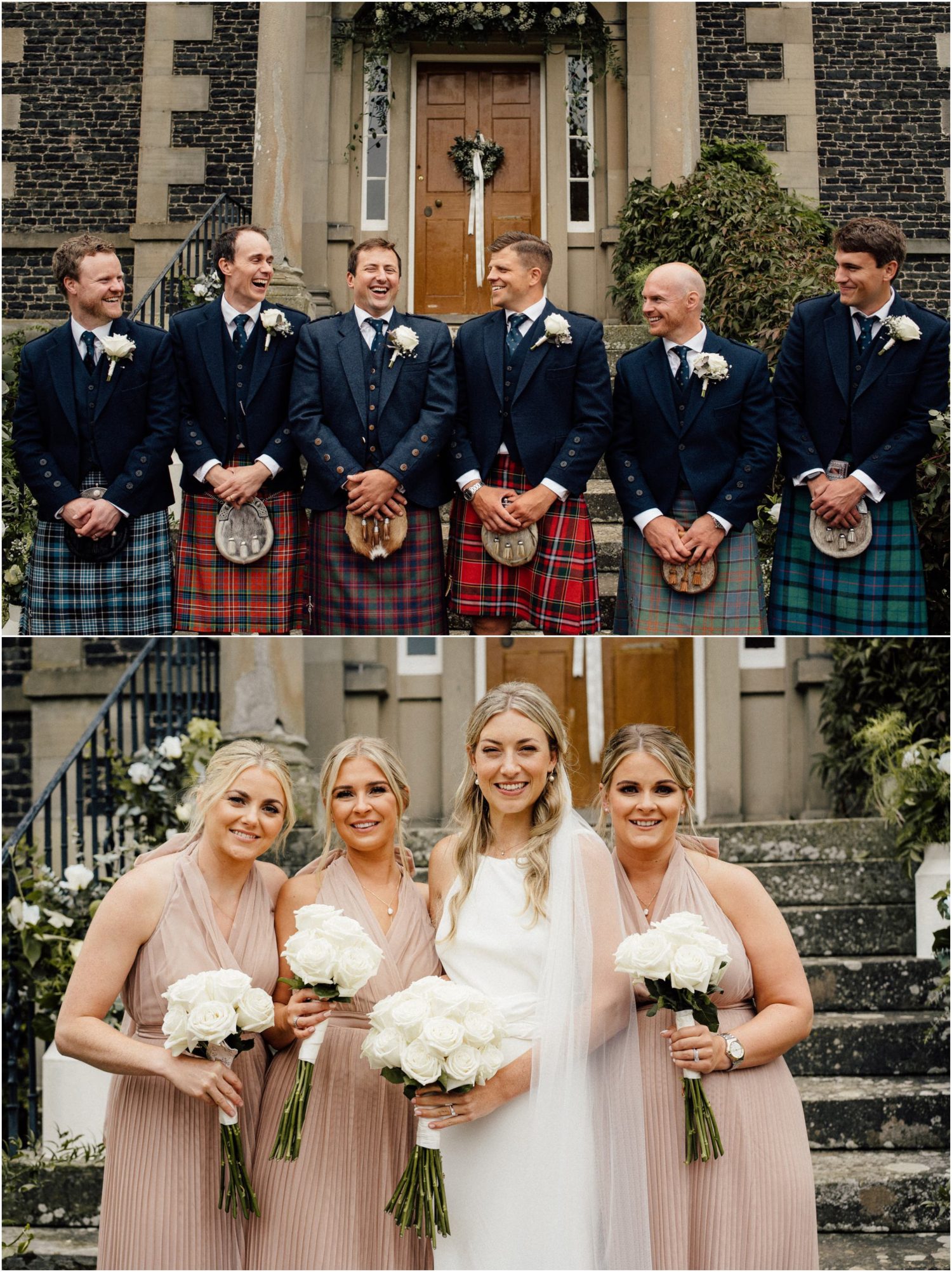 Bridal party posing for a photo on the steps of Harmony House.