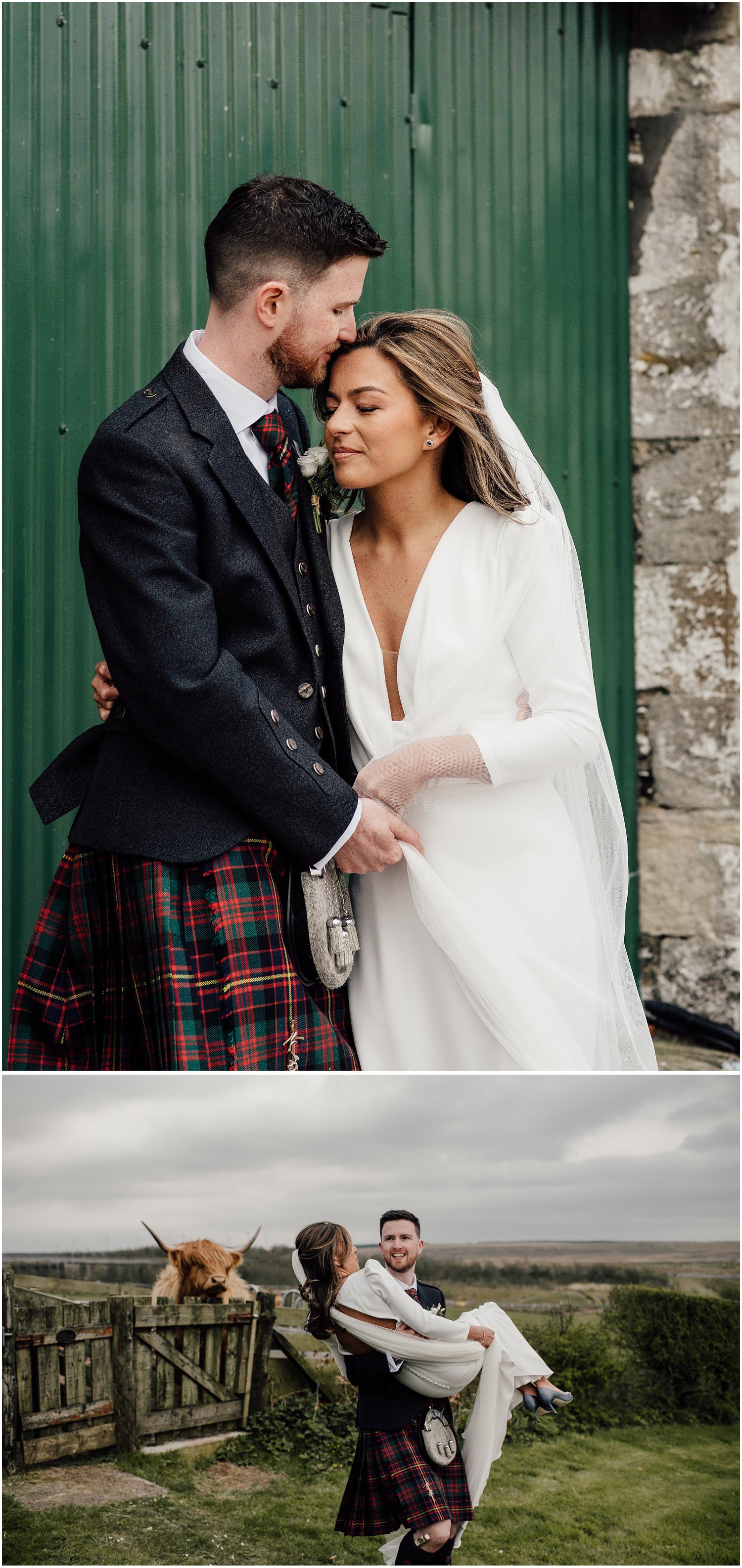 Bride and groom photos at Harelaw Farm. 