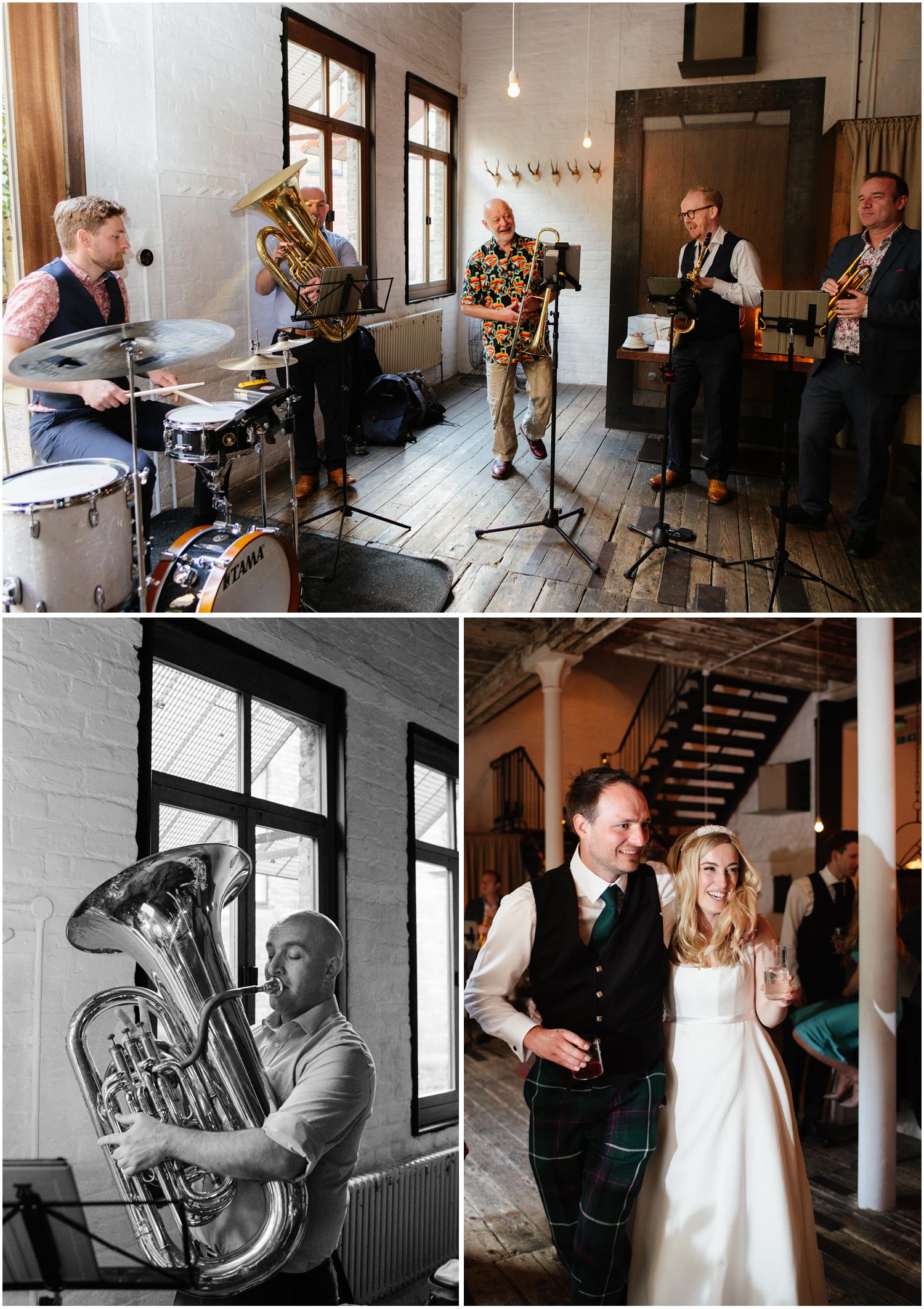 Brass band playing music at the Timberyard wedding.