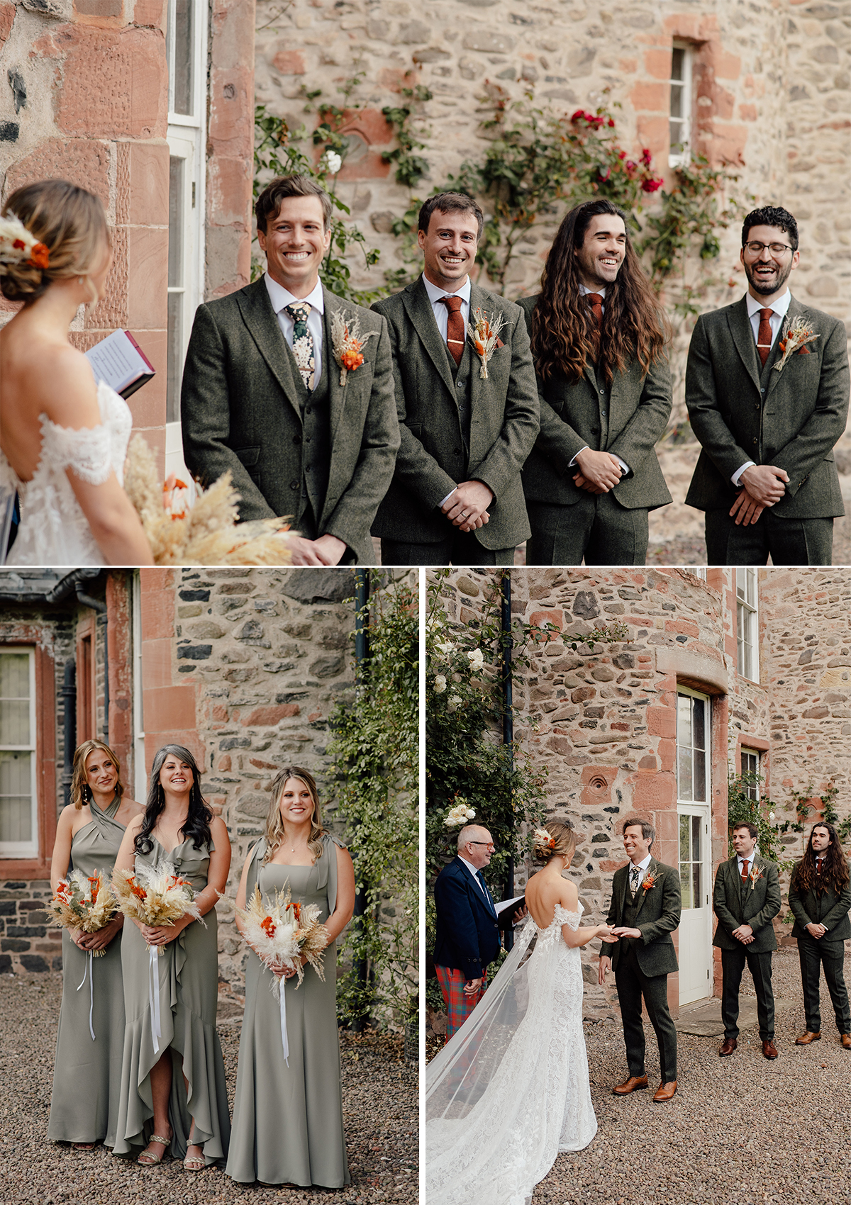 Bridesmaids wearing light green dresses for the wedding ceremony in Scotland.