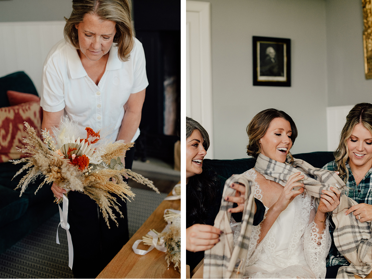 Bride gifting tartan scarves to her bridesmaids.