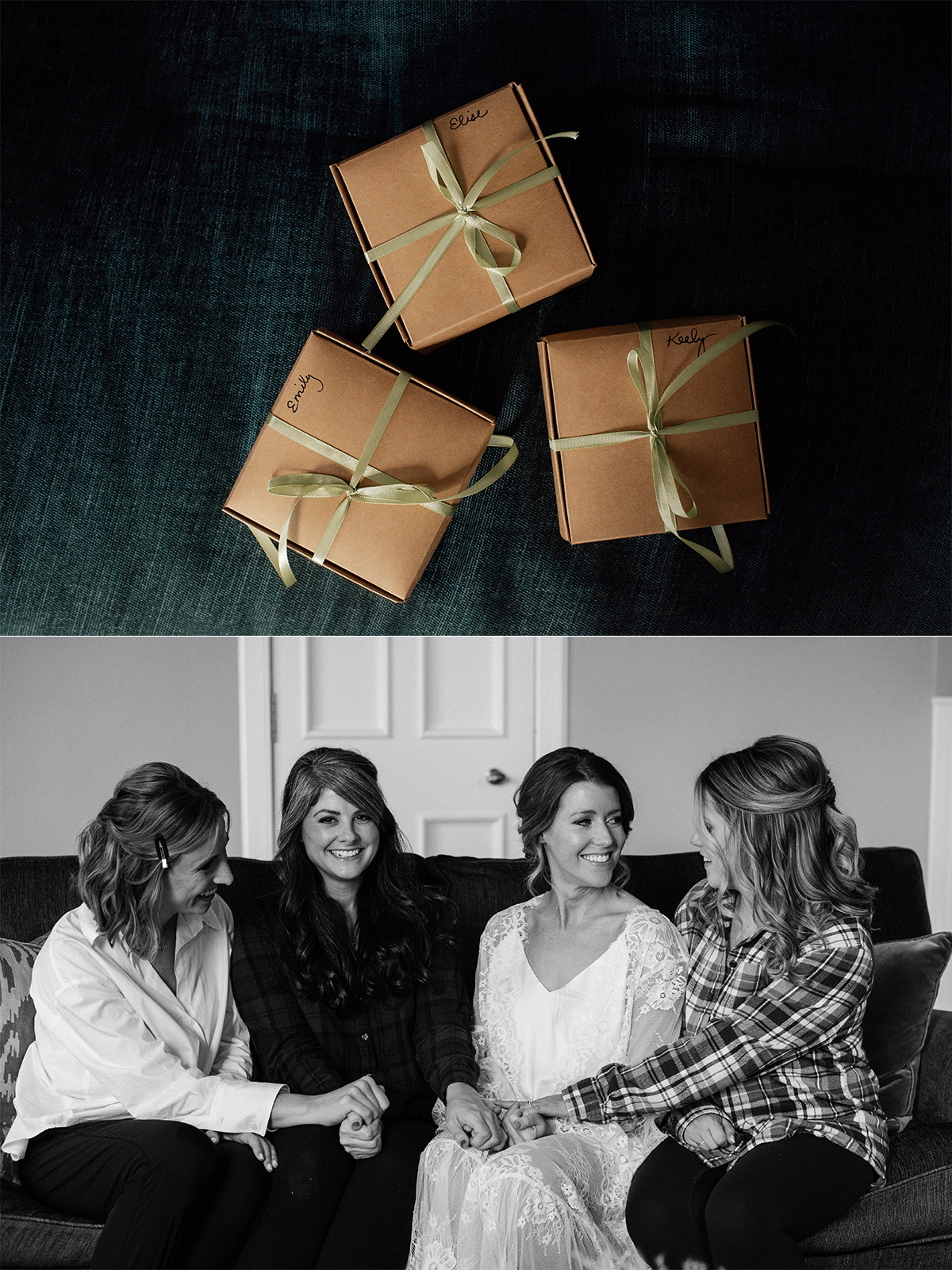 Bridesmaids gift packaged in cute little boxes with a green ribbon.