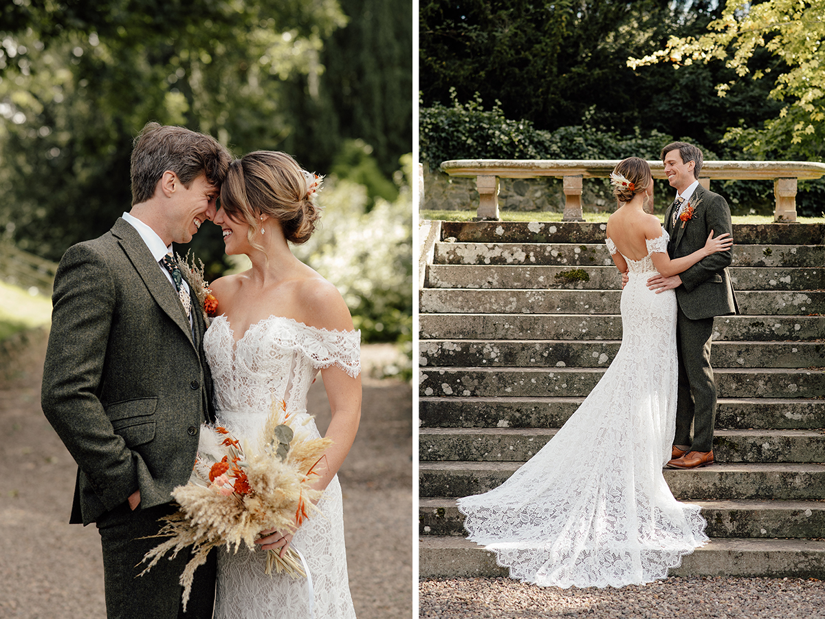 Wedding couple on the steps at Thirlestane Castle.