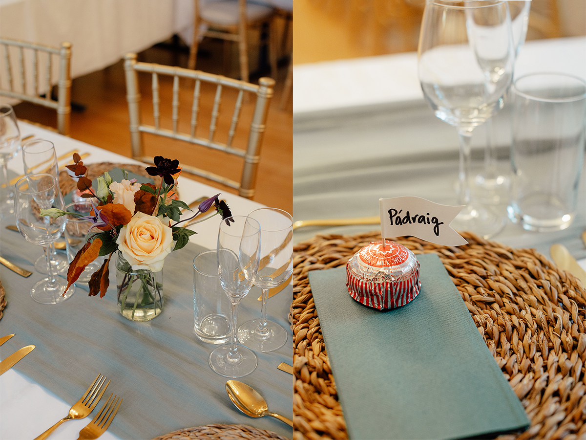 Tables decorated with autumnal flowers and Tunnocks teacakes for Samantha's wedding at Riddle's Court. 