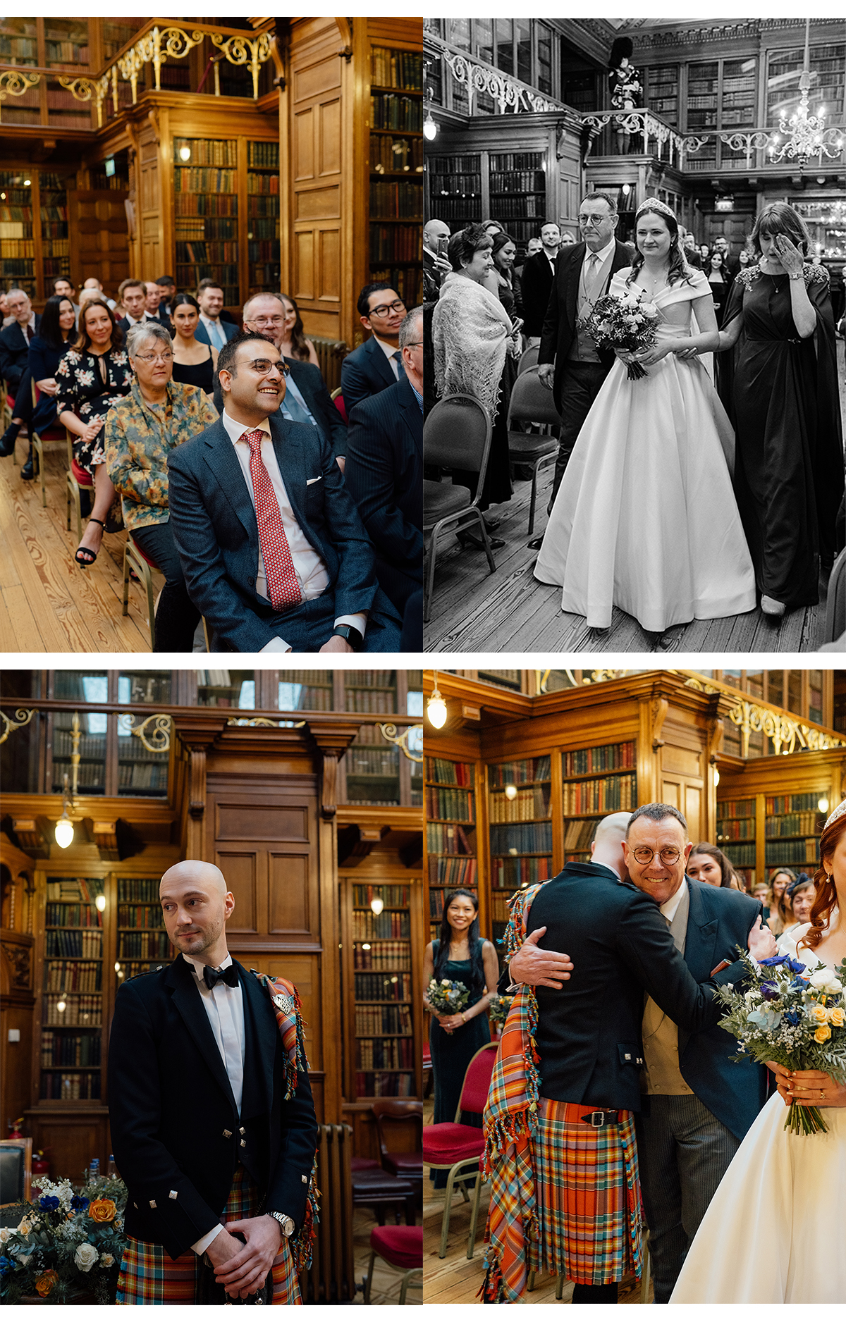 Yulia walking down the aisle with her parents at Royal College of Physicians of Edinburgh. 