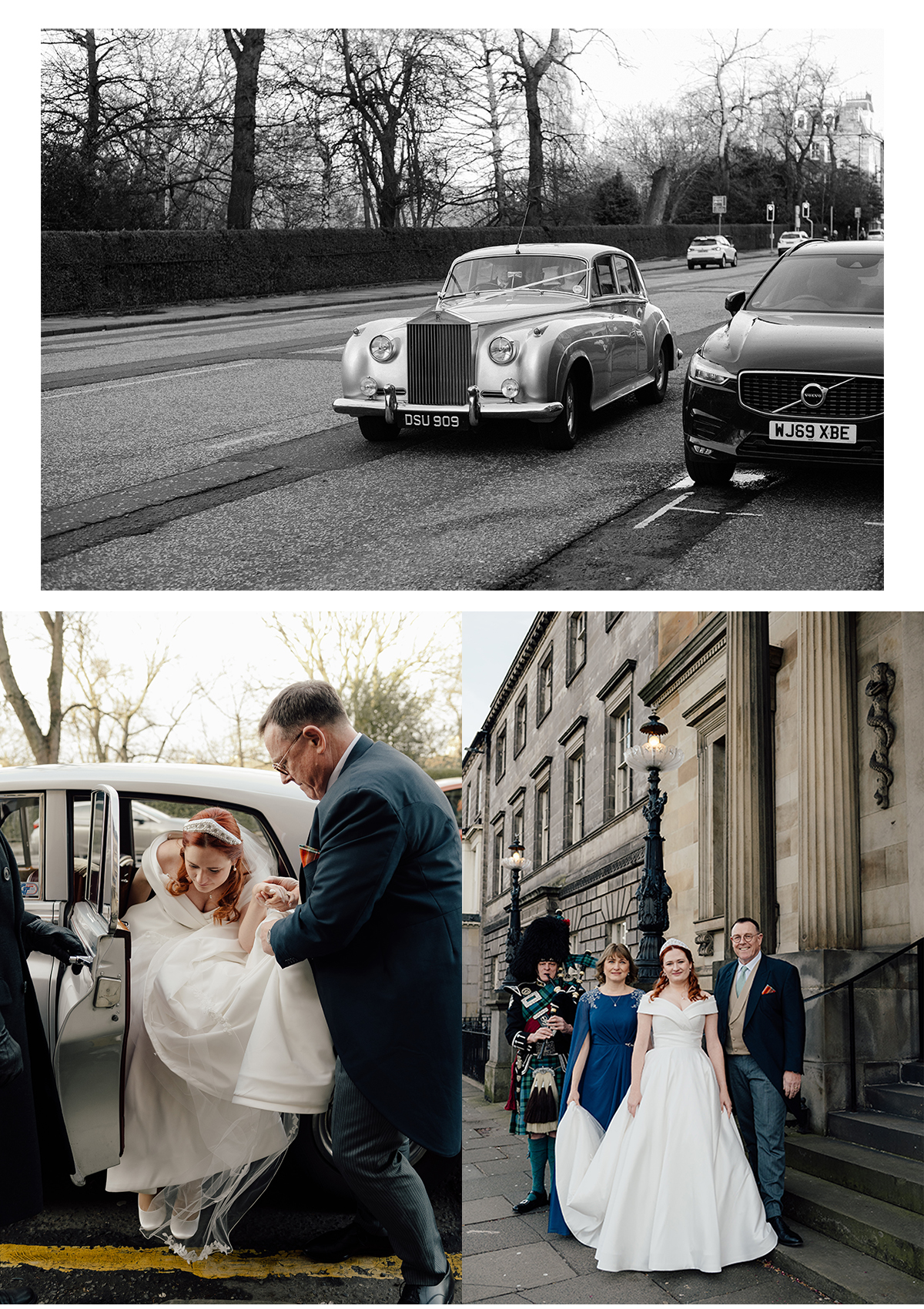 Bride arriving for her wedding in Edinburgh.