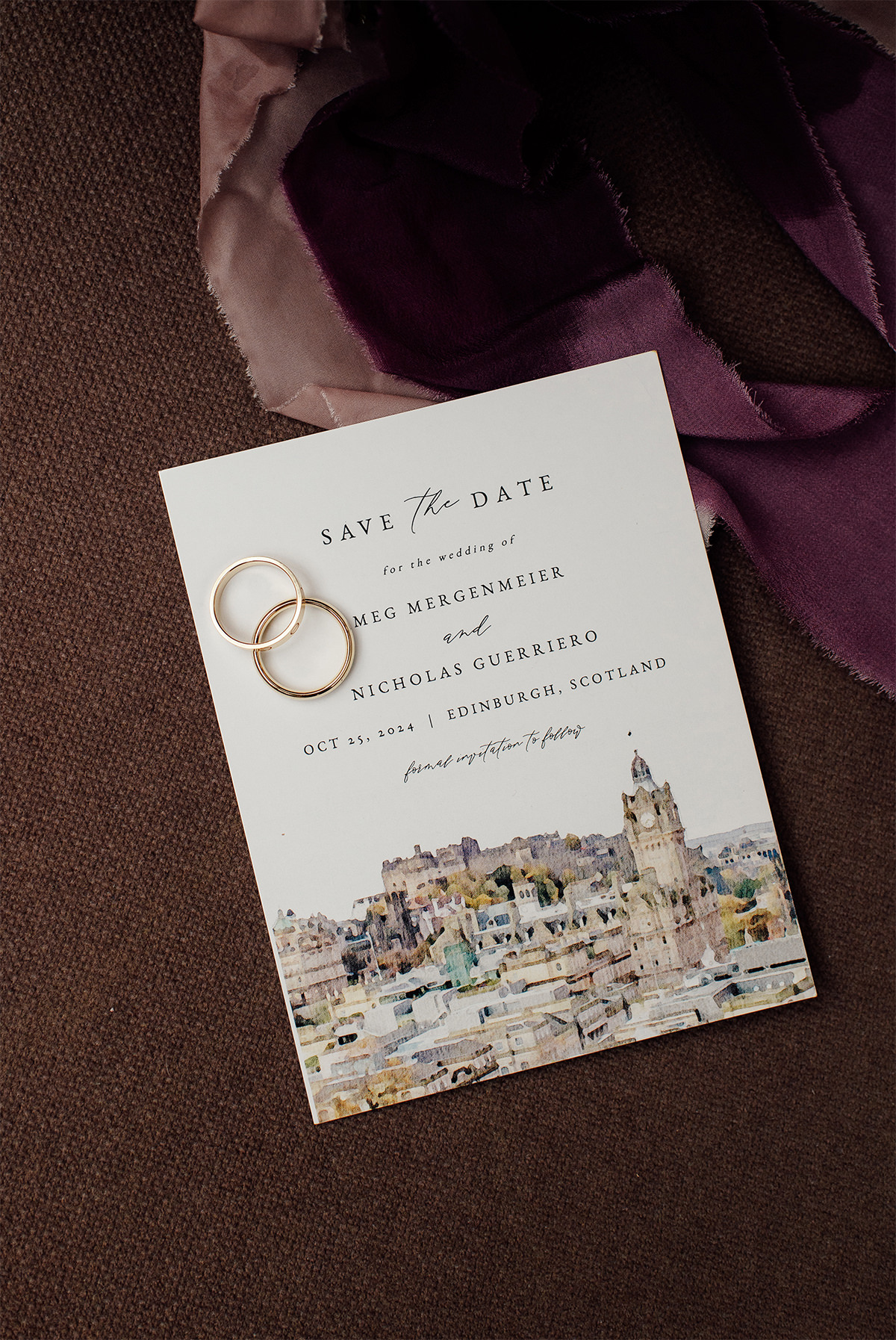 Wedding invitation for a destination wedding in Scotland.