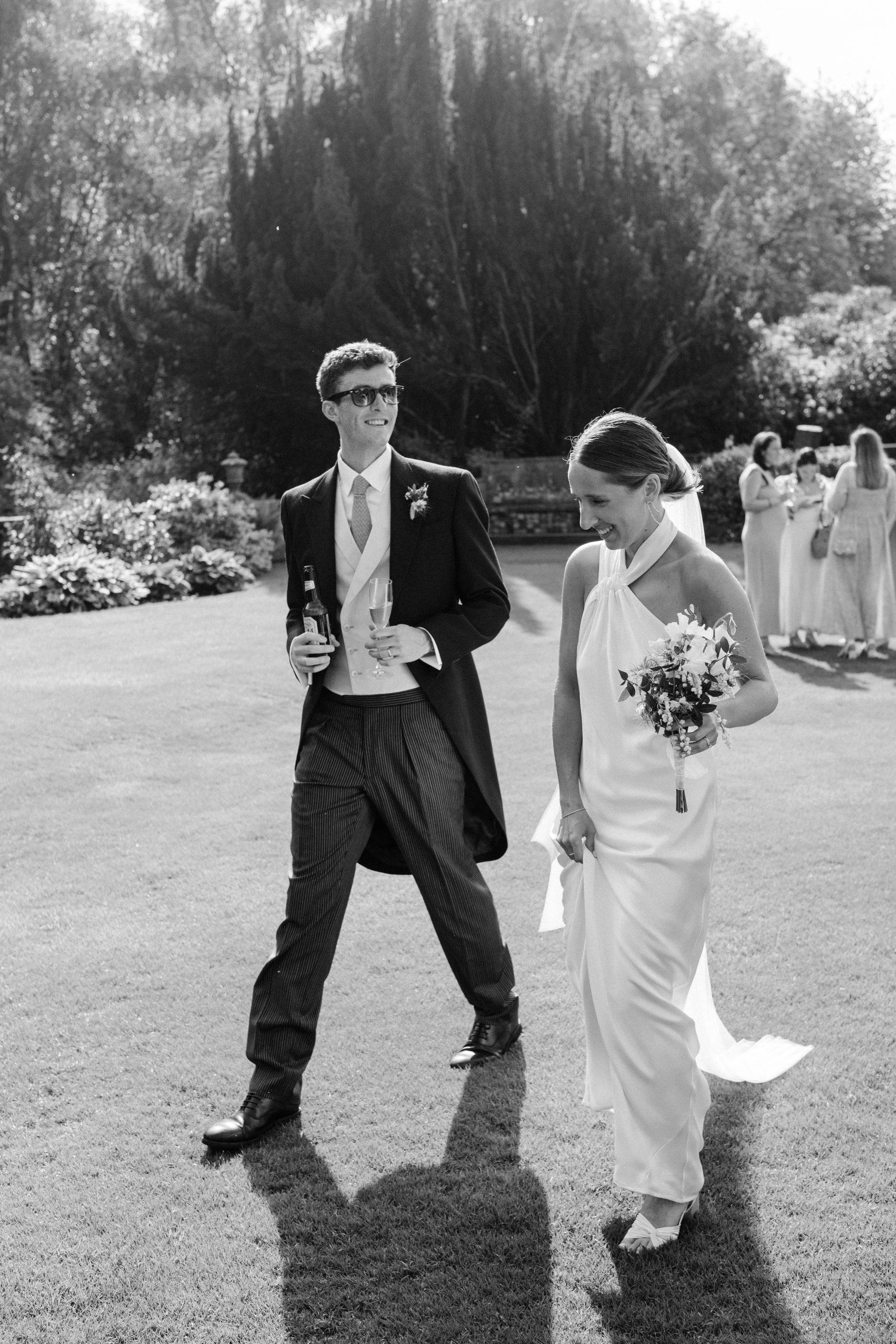 Black and white photo of a wedding couple at the Gilmerton House